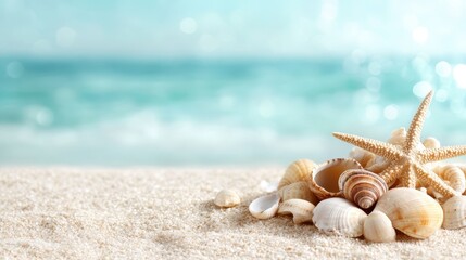 A serene beach scene featuring a collection of seashells and a starfish, set against a backdrop of shimmering turquoise waters capturing the essence of coastal beauty.