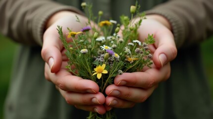 Close-up of hands holding wildflowers and herbs freshly picked from a forest walk.