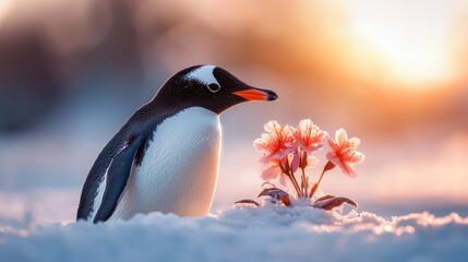 A gentoo penguin stands gracefully next to blooming flowers amidst a snowy landscape, capturing the contrasting beauty of nature in a serene moment of coexistence.