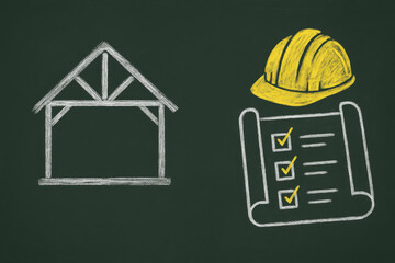 Building blueprint and construction helmet illustration, showcasing essential elements of construction planning and safety. This captures essence of project management in construction