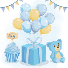 Cute blue new born greeting card Its a boy Baby announcement