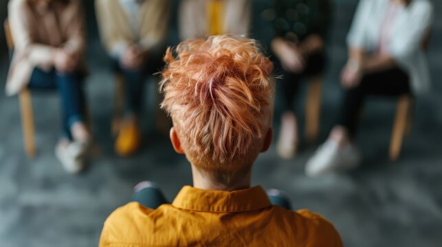 An artistic view of a person’s head facing a group during a therapy session, illustrating emotional connection, communication, and group support in a therapeutic environment.