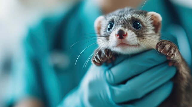 This captivating image features a cute ferret being held by a caring veterinarian, showcasing the bond between animals and humans in a nurturing environment.
