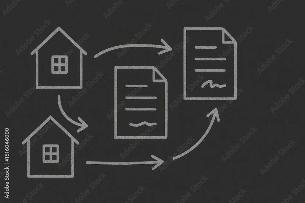 Poster home document flow diagram illustrating connection between houses and documents, showcasing movement