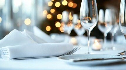 An elegantly arranged dining table featuring polished glassware, white linens, and soft candlelight creates a sophisticated atmosphere for a festive occasion or intimate dinner.