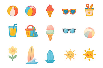 vector summer icons, Creating templates for banners, posters, flyers, Developing logos and badges, Making greeting cards, covers, brochures, advertising, design, summer, recreation.