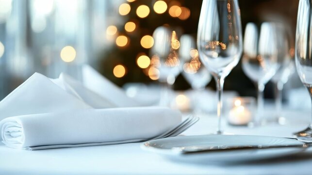An elegantly arranged dining table featuring polished glassware, white linens, and soft candlelight creates a sophisticated atmosphere for a festive occasion or intimate dinner.