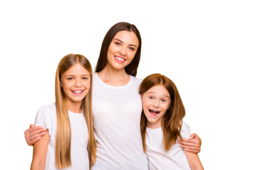 Two small ladies with young nanny hugging wear casual white t-shirts isolated yellow background