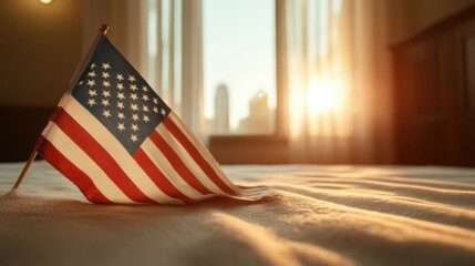 An American flag elegantly placed on a bed captures the soft, golden hues of sunset, symbolizing patriotism and the warmth of home, evoking feelings of peace and nostalgia.