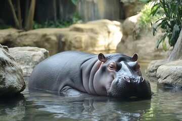 Hippopotamus Swimming in Water with Rocks and Plants