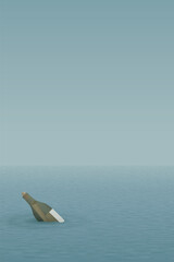 Minimalist seascape have a letter in a bottle of liquor floating in the middle of the sea vertical template graphic illustration. Message in the bottle.