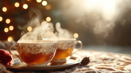 This image showcases two steaming cups of tea on a tray, surrounded by soft textiles and warm lighting, encapsulating a cozy and inviting atmosphere perfect for relaxation.