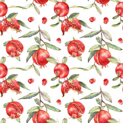Watercolor ripe pomegranates, green leaves, seeds, tree branches seamless pattern. Tropical red fruits and greenery, botanical print. Hand drawn illustration isolated on white background.