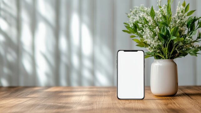 An empty smartphone stands on a wooden table, surrounded by a green plant, inviting viewers to imagine the endless possibilities of digital creation and personal expression. - Powered by Adobe