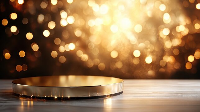A luminous circular plate glows under dazzling bokeh lights, creating a captivating visual effect that embodies glamour, celebration, and artistic elegance.