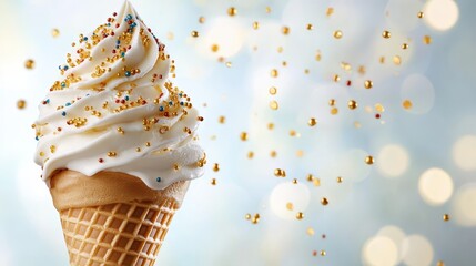 An enticing close-up of soft serve ice cream adorned with vibrant sprinkles captures the sweetness and joy often associated with delightful summertime treats.