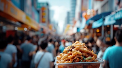 A bustling street market filled with an array of enticing fried foods captures the vibrant energy and diversity of local culinary experiences and culture.