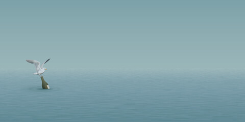 Minimalist seascape have a seagull on a bottle of liquor floating in the middle of the sea graphic illustration.