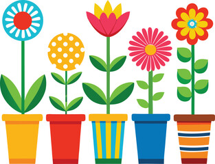 Five colorful potted flowers with brightly colored blooms and unique pot designs