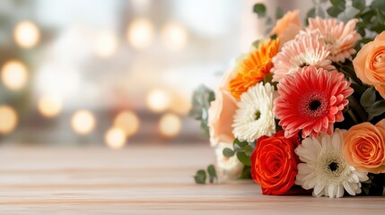 This vibrant floral arrangement features a mix of colorful blooms, including roses and gerbera daisies, set against a soft bokeh backdrop for an elegant touch.
