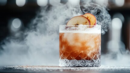 A captivating cocktail garnished with slices of apple, enveloped in a smoky atmosphere, highlighting the artistry and allure of sophisticated mixology in modern bars.