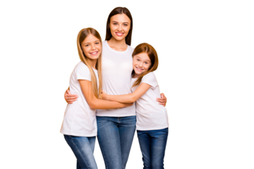 Two small ladies hugging young and beautiful babysitter wear casual white t-shirts isolated yellow background
