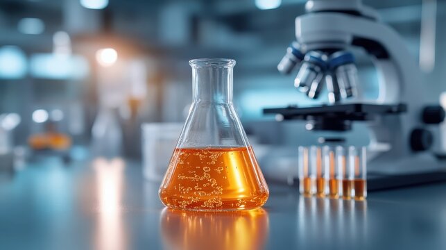 A laboratory setup featuring a conical flask filled with vibrant orange liquid, representing scientific innovation and the pursuit of knowledge in a modern setting.