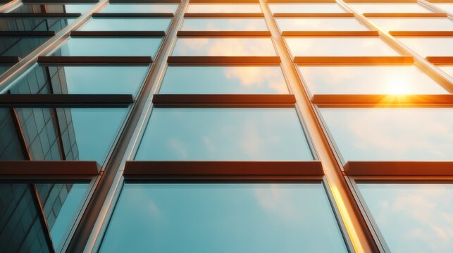 The sleek facade of a glass skyscraper reflects clouds and sunlight, illustrating the modern architectural design and the intricate relationship between nature and urban life.