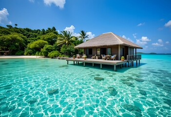 Fototapeta premium overwater thatched villa above clear turquoise water, with pier connecting to sandy beach and palm-covered island