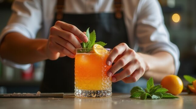 Bartender crafting colorful non-alcoholic cocktail with slow motion detail for beverage innovation