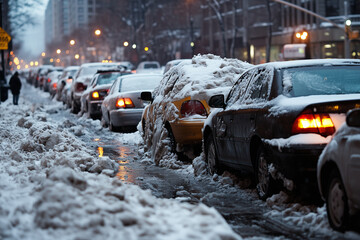 Frozen City Street After Massive Snowstorm With Buried Cars and Ice-Covered Lights