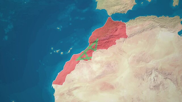 Zoom from Earth to Morocco. (Country Flag) World map animation with highlighted country borders. Western  North Africa 3d world map animation highlights aerial views, tourism, and travel. 4k