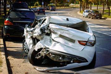 Wrecked vehicle, rear-end and front-end destruction, parked roadside. Parked car with fatal damage...