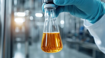 A laboratory hand holding a glass flask filled with amber liquid, highlighting the essence of scientific experimentation and chemical research in a modern setup.