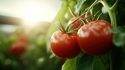 Lush red tomatoes dangle from green vines, bathed in sunlight, symbolizing natural freshness and the bounty of organic gardening, inviting a connection to wholesome lifestyle choices.
