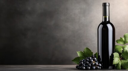An exquisite red wine bottle elegantly placed beside a bunch of ripe grapes, conveying the rich flavors and pleasures of the wine experience captured against a dark background.