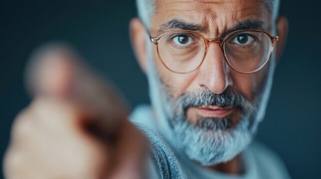 A serious older man with glasses intensely pointing at the viewer, showcasing strong emotions and authority, creating a gripping and engaging portrait capturing human expression.