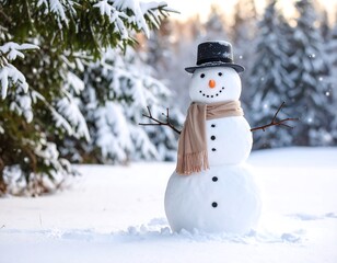 Snowman in snowy forest