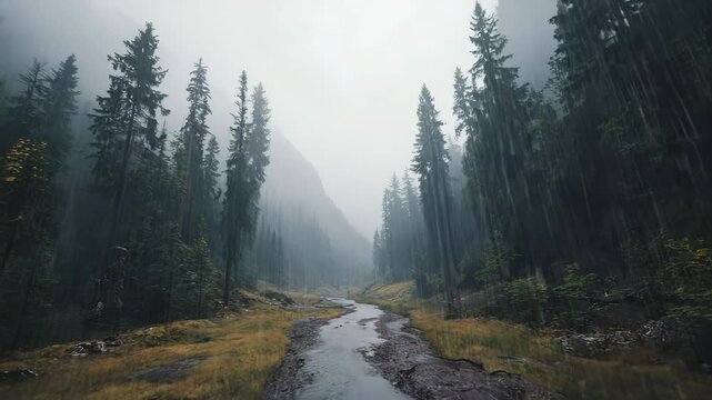 a moody, rainy mountain forest scene. A winding, wet dirt path cuts through the center, flanked by dark, towering conifer trees on either side.
