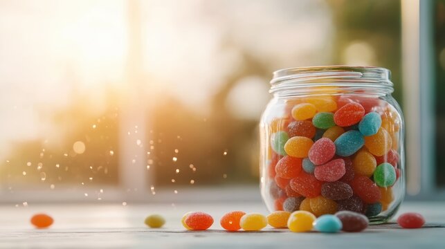 A vibrant jar filled with colorful jelly beans, some spilled onto a surface, evoking feelings of joy, nostalgia, and the sweetness of childhood memories.