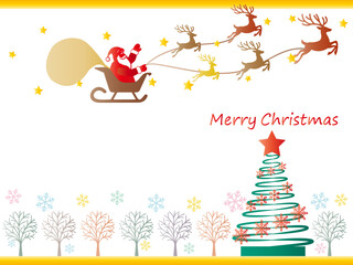 クリスマス■空飛ぶサンタクロース＆キラキラなツリーのクリスマスカード