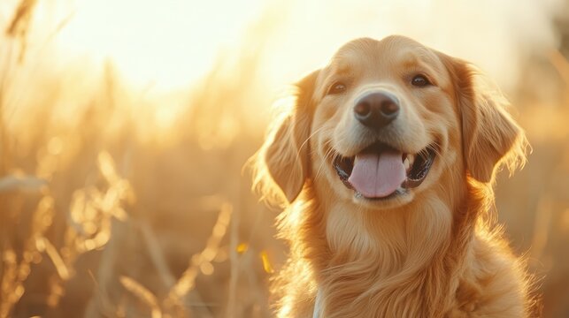 A cheerful golden retriever dog poses joyfully in a sunlit meadow, showcasing its vibrant fur and playful spirit against a serene natural backdrop of warm light.