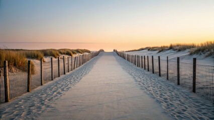 Obraz premium Pathway through sand dunes leading to a serene beach at sunset.