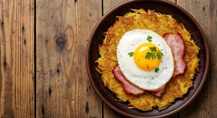 a golden crispy rösti (Swiss potato pancake) placed on the right-third of the frame, topped with a fried egg, served with bacon
