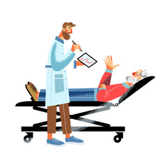 Old patient and doctor. Doctor examining elderly male patient lying on medical bed. Healthcare consultation, physician checking health condition, hospital visit. Vector illustration.