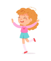 Happy girl with curly orange hair, wearing pink shirt with heart, blue skirt, and red shoes. Smiling child character with raised hands on white background, dancing or celebrating. Vector illustration.