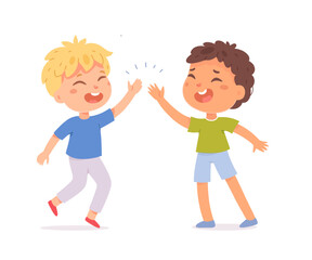 Happy kids giving a high five. Smiling boys celebrating together. Friendship and teamwork concept. Cute flat vector illustration isolated on white background.
