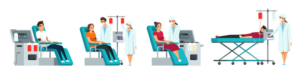 Blood donation process. Medical staff assisting donors during blood collection in clinic. People sitting in chairs or lying on bed, connected to donation machines. Vector illustration.