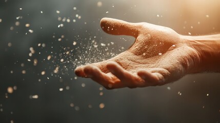 A close-up shot of a hand releasing a cloud of dust or particles, symbolizing the passage of time, fleeting moments, and the beauty of simplicity in a soft, atmospheric light.