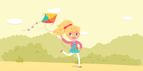 Girl playing in park. Kids at playground. Child with flying kite. Outdoor summer activities in backyard. Cartoon vector illustration.